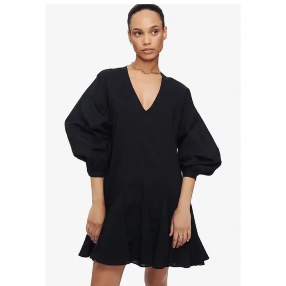 Anine Bing Black V-Neck Puff Sleeve Mini Dress with Flared Skirt